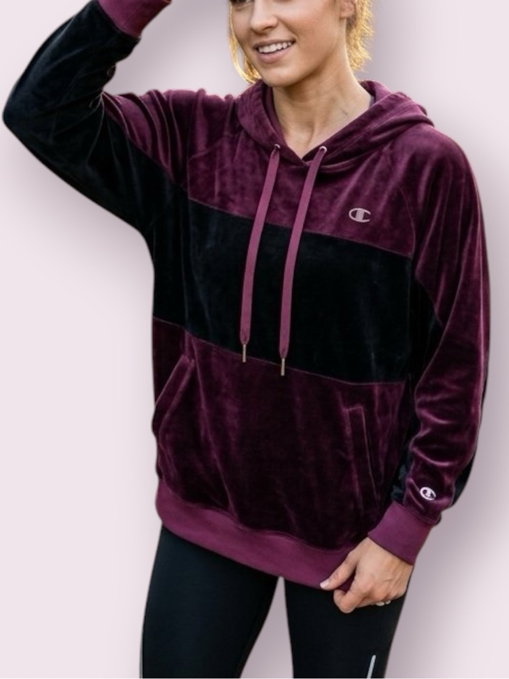 Champion Elite Velour Pullover Hoodie Sweatshirt Burgundy & Black Size Large
